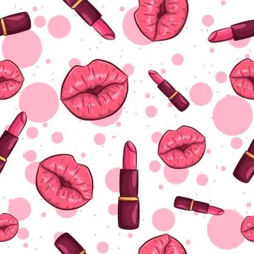 Pink seamless pattern with lips and lipstick. Feminine repetitive background. Stock Illustration
