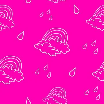 Pink seamless pattern with rainbow, rain and clouds. 스톡 일러스트