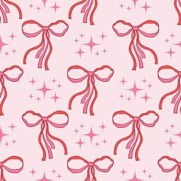 Pink seamless pattern with ribbon bow and tiny star in polka dot order in han Ilustración de archivo