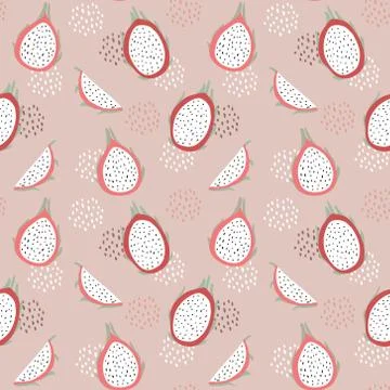 Pink seamless pattern with sliced pitaya, dragon fruit and dots. Summer textile Illustrazione stock