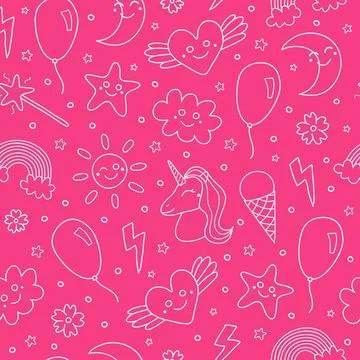 Pink seamless pattern with smily items. Stock Illustration