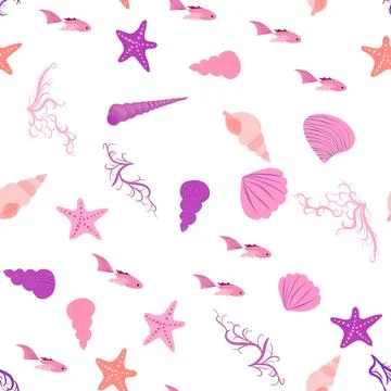 Pink Seamless pattern with starfish, corals, pearls and shells. Vector backgr Stockillustratie