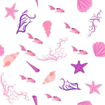Pink Seamless pattern with starfish, corals, pearls and shells. Vector backgr Illustrazione stock