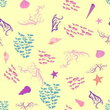 Pink Seamless pattern with starfish, corals, pearls and shells. Vector backgr 스톡 일러스트