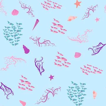 Pink Seamless pattern with starfish, corals, pearls and shells. Vector backgr Illustrazione stock