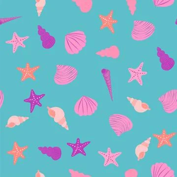 Pink Seamless pattern with starfish, corals, pearls and shells. Vector backgr Stock Illustration