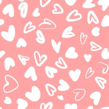 Pink seamless pattern valentines background with doodle white hearts. Hand drawn Stock Illustration