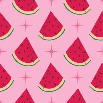 Pink seamless pattern with watermelon slice and star in cartoon flat style,.. Stock Illustration