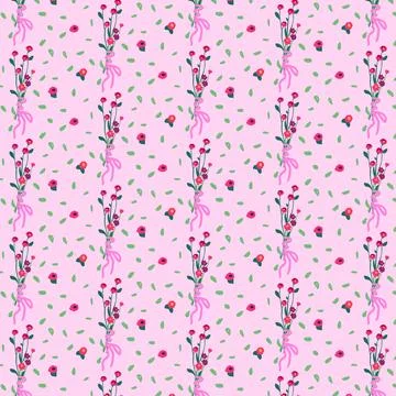 Pink seamless pattern with wild flowers. Spring floral background in retro style Stock Illustration