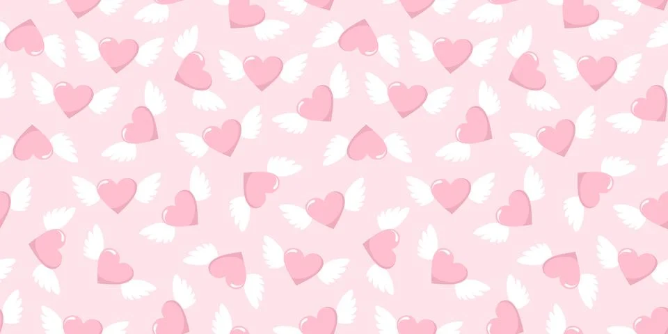 Pink seamless pattern with winged hearts. Flat vector illustration Stock Illustration
