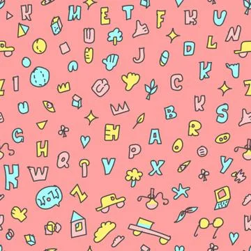 Pink Seamless repeat pattern which consists of alphabet, car, glasses, heart, Stock Illustration