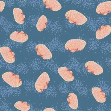 Pink seashells seamless vector pattern on blue 스톡 일러스트