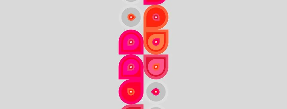 Pink semicircles, gray circles create repeating pattern. Minimalist design, Illustrazione stock