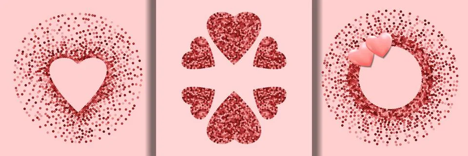 Pink Sequins Vector Heart Frames set. Happy Valentines Day Cards Stock Illustration