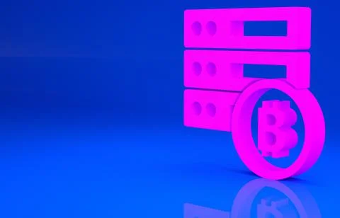 Pink Server bitcoin icon isolated on blue background. Minimalism concept. 3d  Illustrazione stock