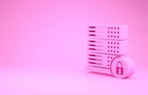 Pink Server security with closed padlock icon isolated on pink background. Se Illustrazione stock