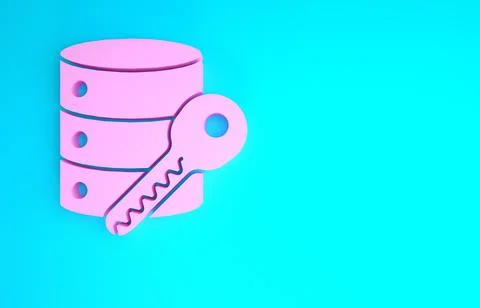 Pink Server security with key icon isolated on blue background. Security, saf Illustrazione stock
