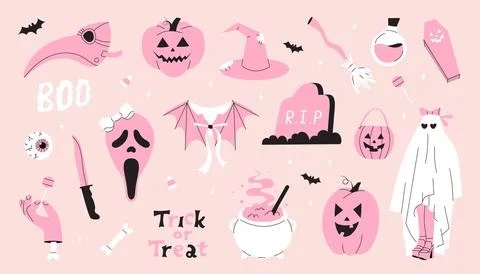 Pink set of Halloween different elements. Stock Illustration