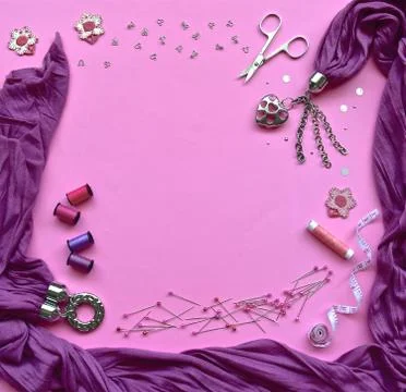Pink sewing flatlay. Stock Photos