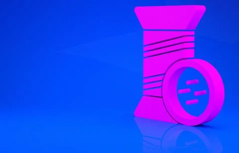 Pink Sewing thread on spool and button icon isolated on blue background. Yarn Stock Illustration