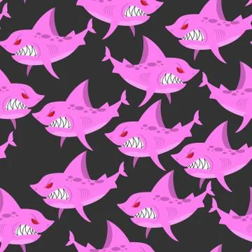 Pink shark seamless pattern. Predator fish with large teeth. Vector marine ba 스톡 일러스트