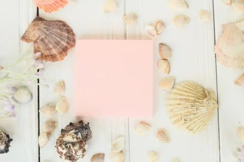 Pink sheet to record and seashells on a wooden background.Travel background Stock Photos