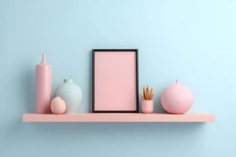 Pink shelf with empty picture frame and decor elements. 3D rendering, AI Generat Stock Illustration