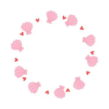 Pink shell frame vector cute cartoon style with heart nautical circular wreath Ilustração Stock