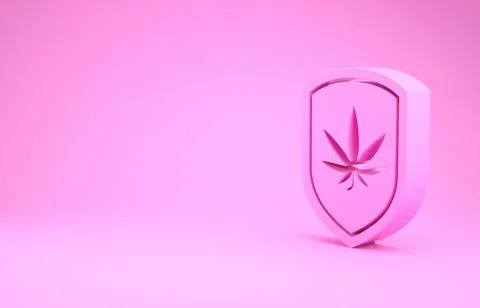 Pink Shield and marijuana or cannabis leaf icon isolated on pink background.  Stock Illustration