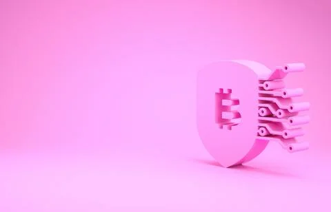 Pink Shield with bitcoin icon isolated on pink background. Cryptocurrency min Stock Illustration