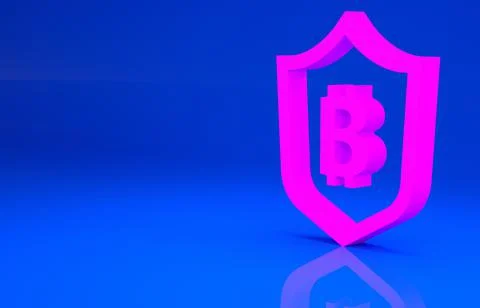 Pink Shield with bitcoin icon isolated on blue background. Cryptocurrency min Illustrazione stock