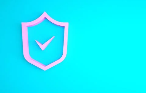 Pink Shield with check mark icon isolated on blue background. Security, safet Stock Illustration