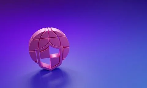 Pink Shield with world globe icon isolated on purple-blue background. Insur.. Stock Photos