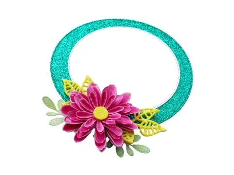 .a pink shiny rectangular frame with a handmade paper flower and leaves. isol Stock Photos