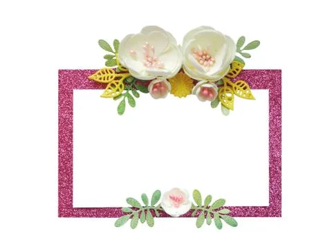 Pink shiny rectangular frame with handmade artificial flowers and petals. iso Stock Photos
