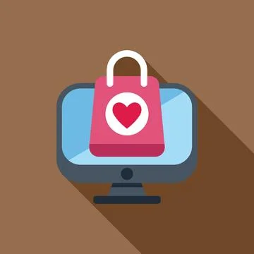 Pink shopping bag with heart appearing from desktop computer screen Stock-Illustration