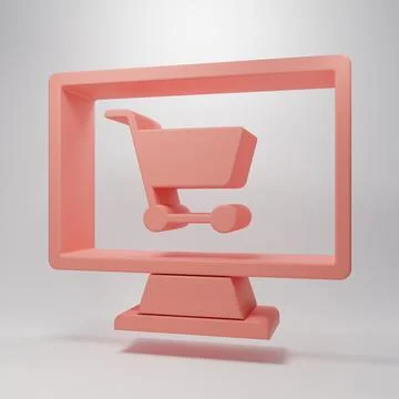 Pink Shopping cart on screen computer icon isolated on pink background. Con.. Stock Illustration