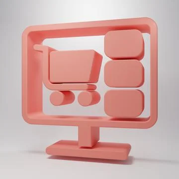 Pink Shopping cart on screen computer icon isolated on pink background. Con.. Stock Illustration