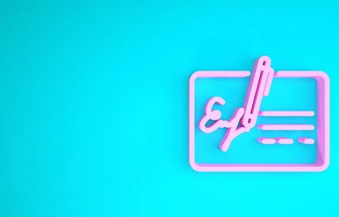 Pink Signed document line icon isolated on blue background. Pen signing a con Stock Illustration