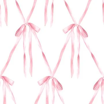 Pink silk bow seamless pattern Watercolor ribbon, Girl coquette diamond lattice 库存插图