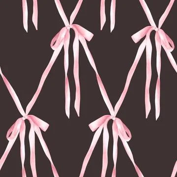 Pink silk bow seamless pattern Watercolor ribbon, Girl coquette diamond lattice Stock Illustration