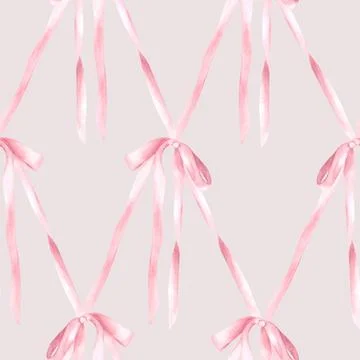 Pink silk bow seamless pattern Watercolor ribbon, Girl coquette diamond lattice Stock Illustration