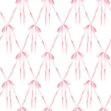 Pink silk bow seamless pattern. Watercolor ribbon, Girl coquette diamond lattice 库存插图