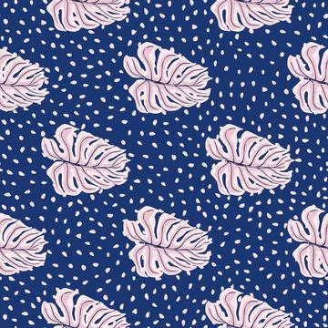 Pink simple style monstera leaf silhouettes seamless pattern. Navy blue dotte イラスト素材