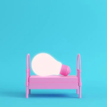 Pink single bed with glowing light bulb on bright blue background in pastel c Stock Illustration