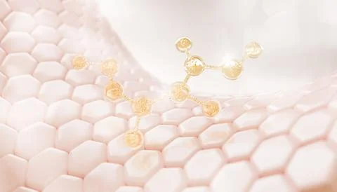 Pink skin cells with hexagon pattern and molecules. Epidermis layer with gold Stockillustratie