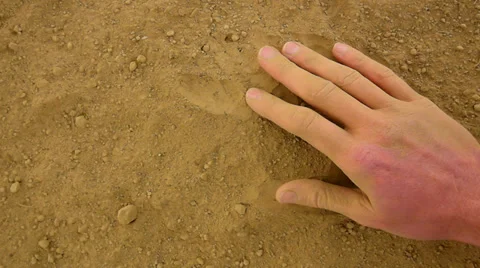 Pink skin hand looking for something in extremelly dry dusty clay Video stock 39660871