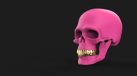 Pink skull with gold teeth. 3d rendering pink skull on black background Stock Illustration