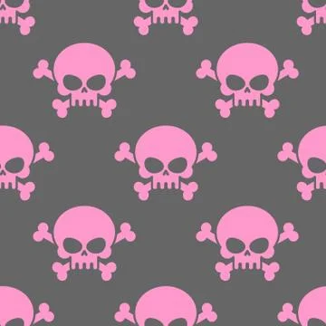 Pink skull on a grey background seamless pattern. Head of  skeleton and bones イラスト素材