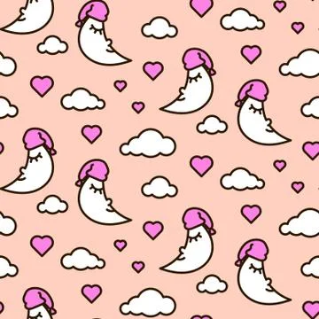 Pink sleeping moon and clouds line icon cute vector pattern イラスト素材